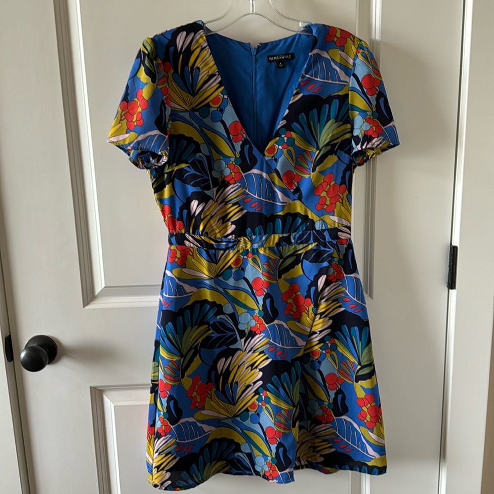 J. Crew Blue Floral A-Line Mini Dress with Yellow & Red Accents